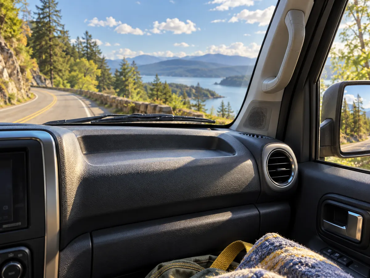An open dashboard space on a scenic drive